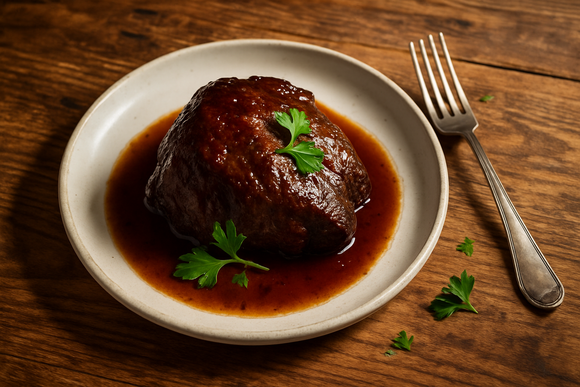 cooked beef cheek on wooden table