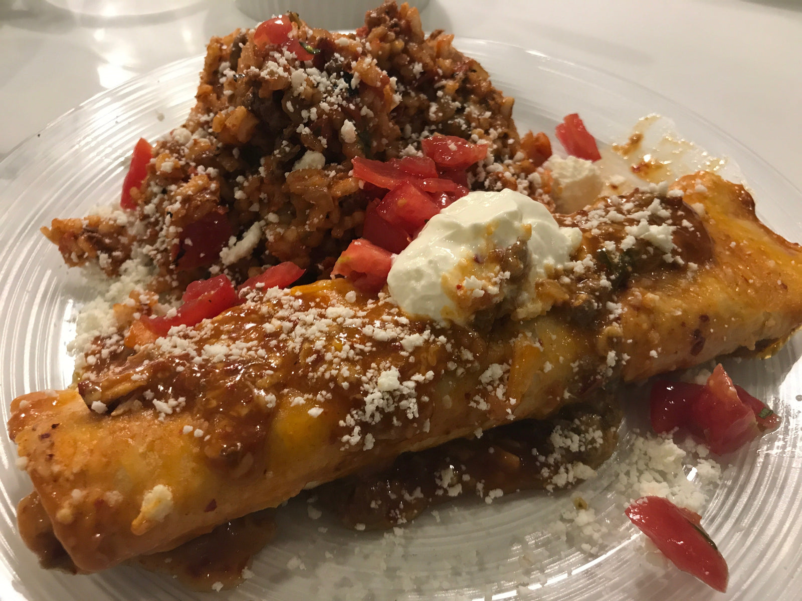 Flank Steak Enchiladas With Spanish Rice