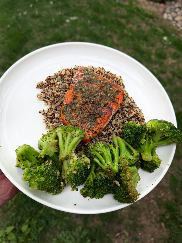 Grilled Salmon With Chimichurri, Quinoa & Steamed Broccoli