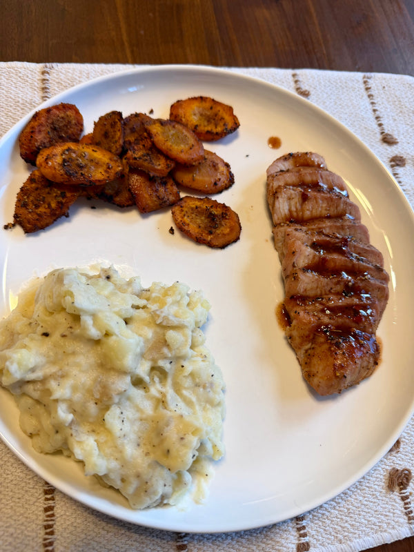 Pork Tenderloin With Cherry Sauce, Mashed Potatoes & Chili Roasted Carrots