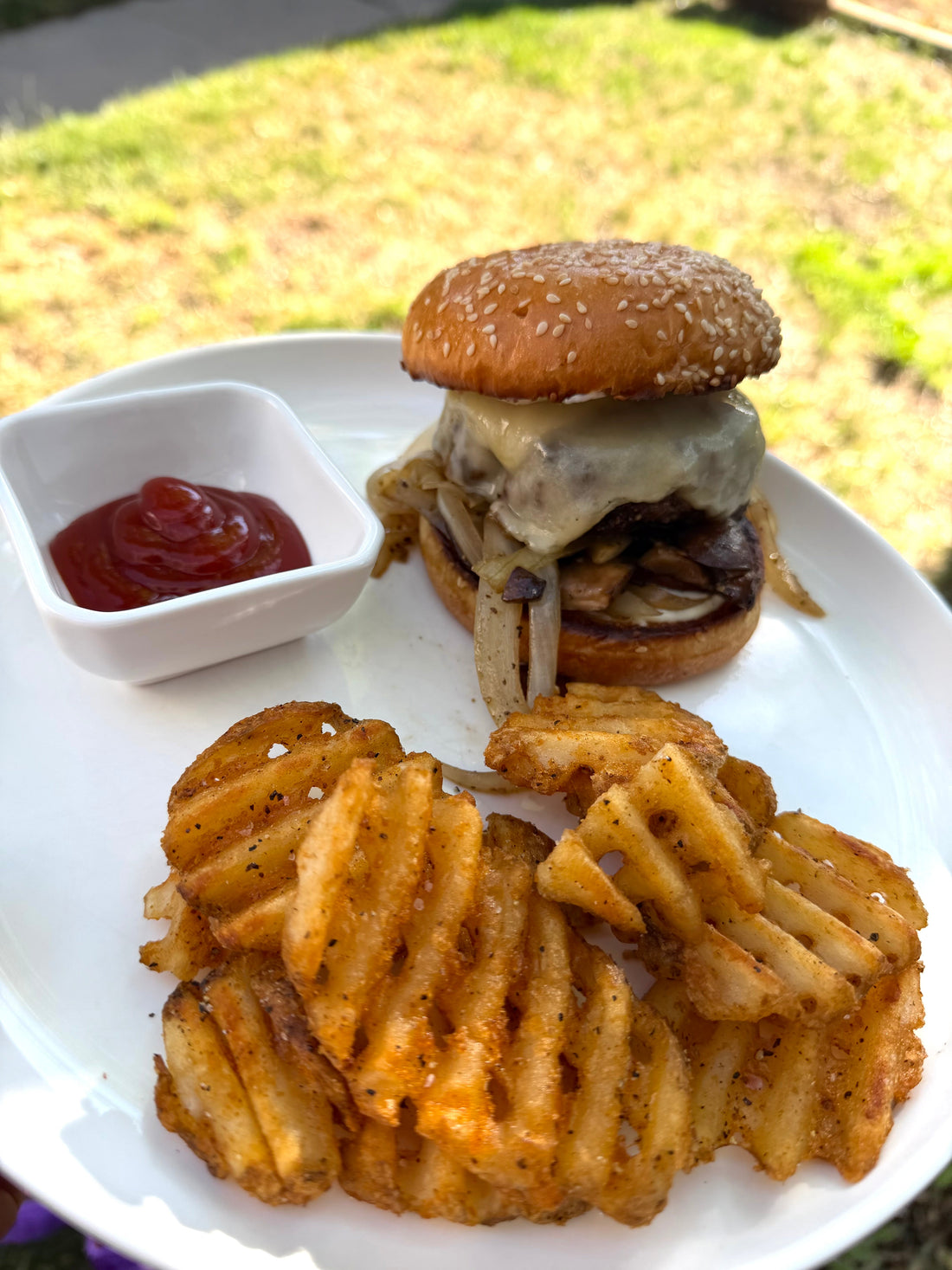 Mushroom Swiss Burgers With Horseradish Mayo & Sautéed Onions