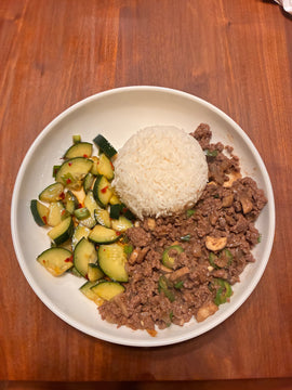Sticky Beef With Rice & Crunchy Cucumber Salad