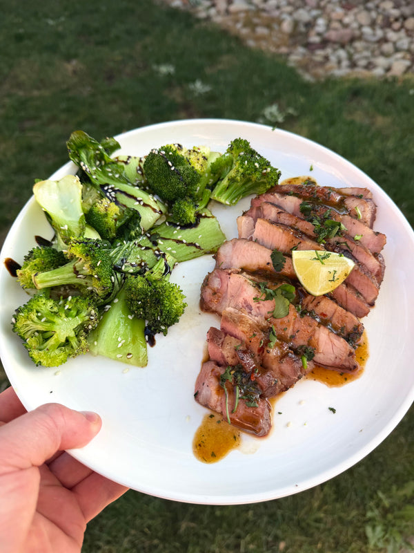 Sous Vide Vietnamese Style Pork Chops with Roasted Bok Choy & Broccoli