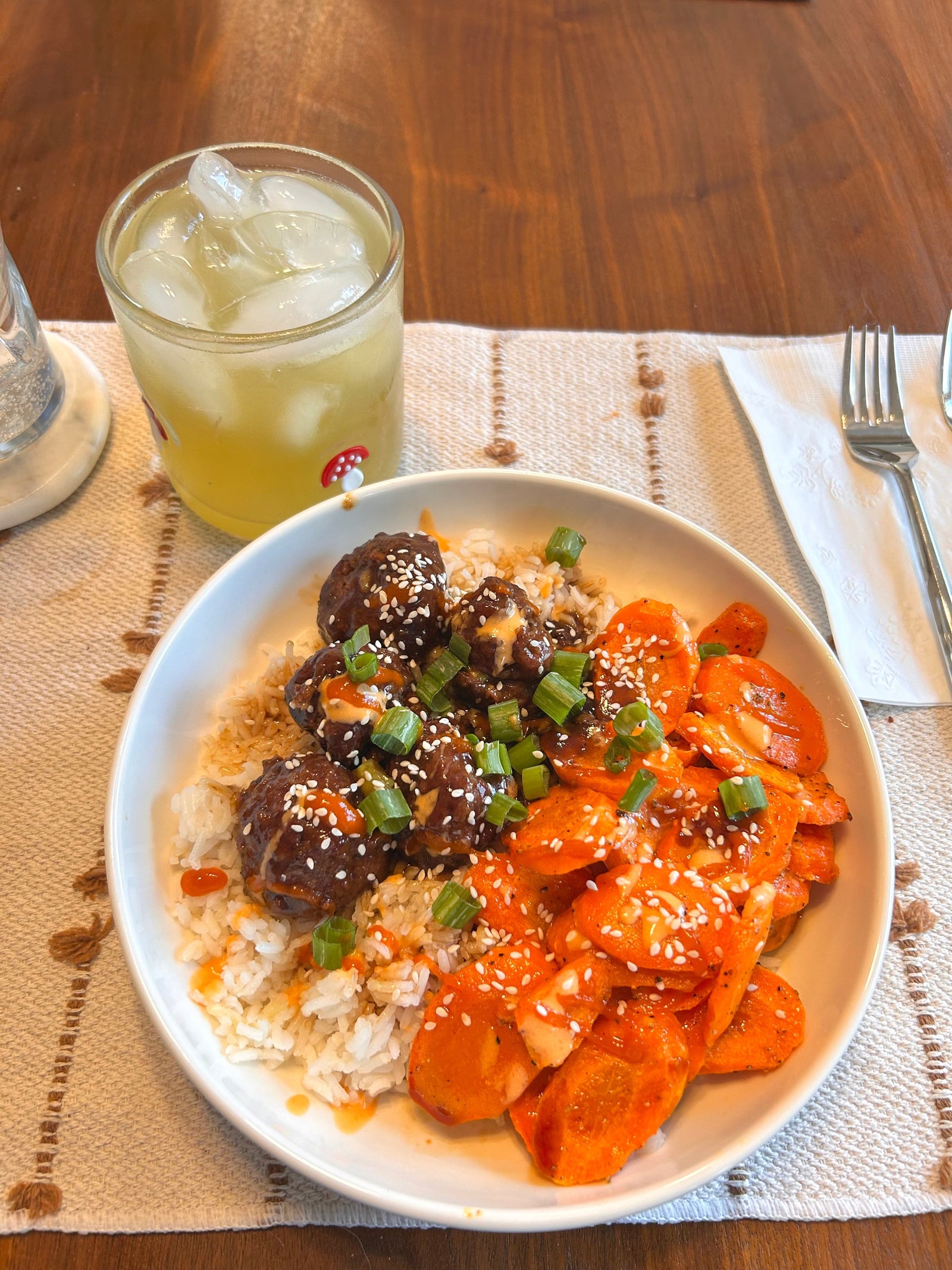Soy Glazed Ground Beef Meatballs With Roasted Carrots & Rice