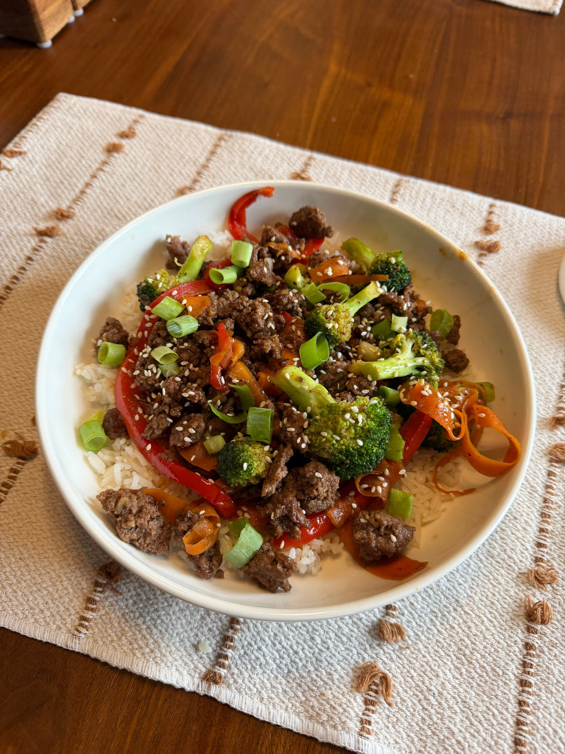 Asian Ground Beef & Veggie Rice Bowl