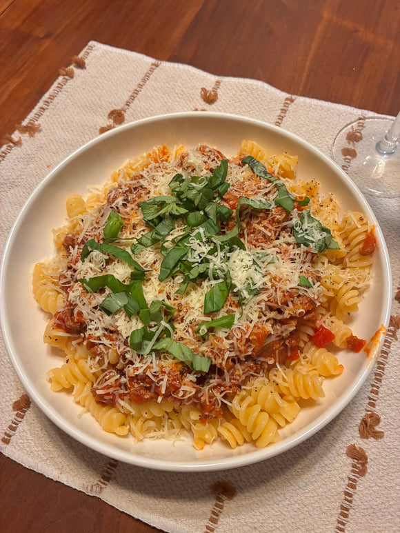 Tomato Pesto Fusilli Pasta With Ground Beef & Italian Sausage
