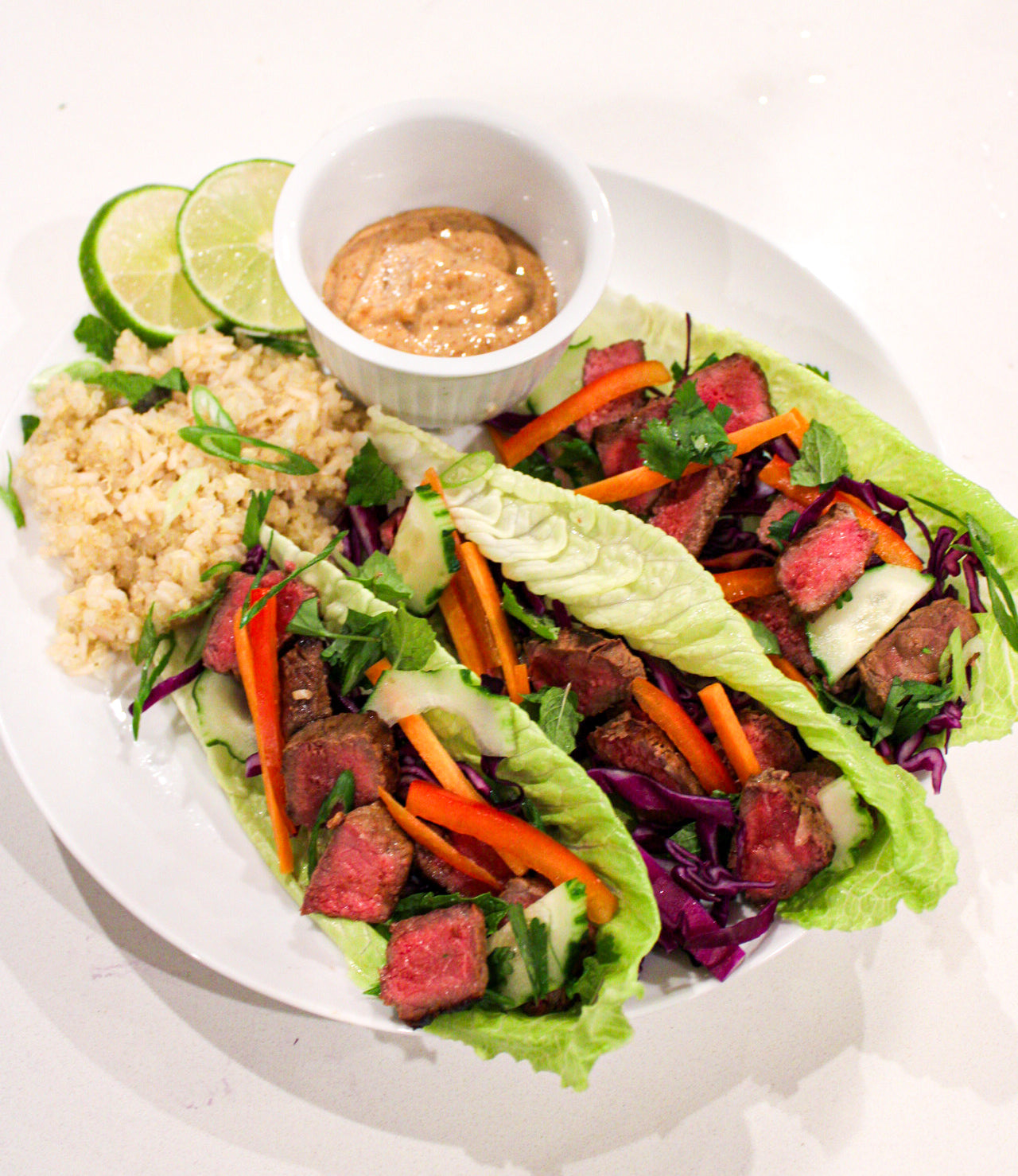 Asian Inspired Steak Tip Lettuce Wraps With Rainbow Veggies