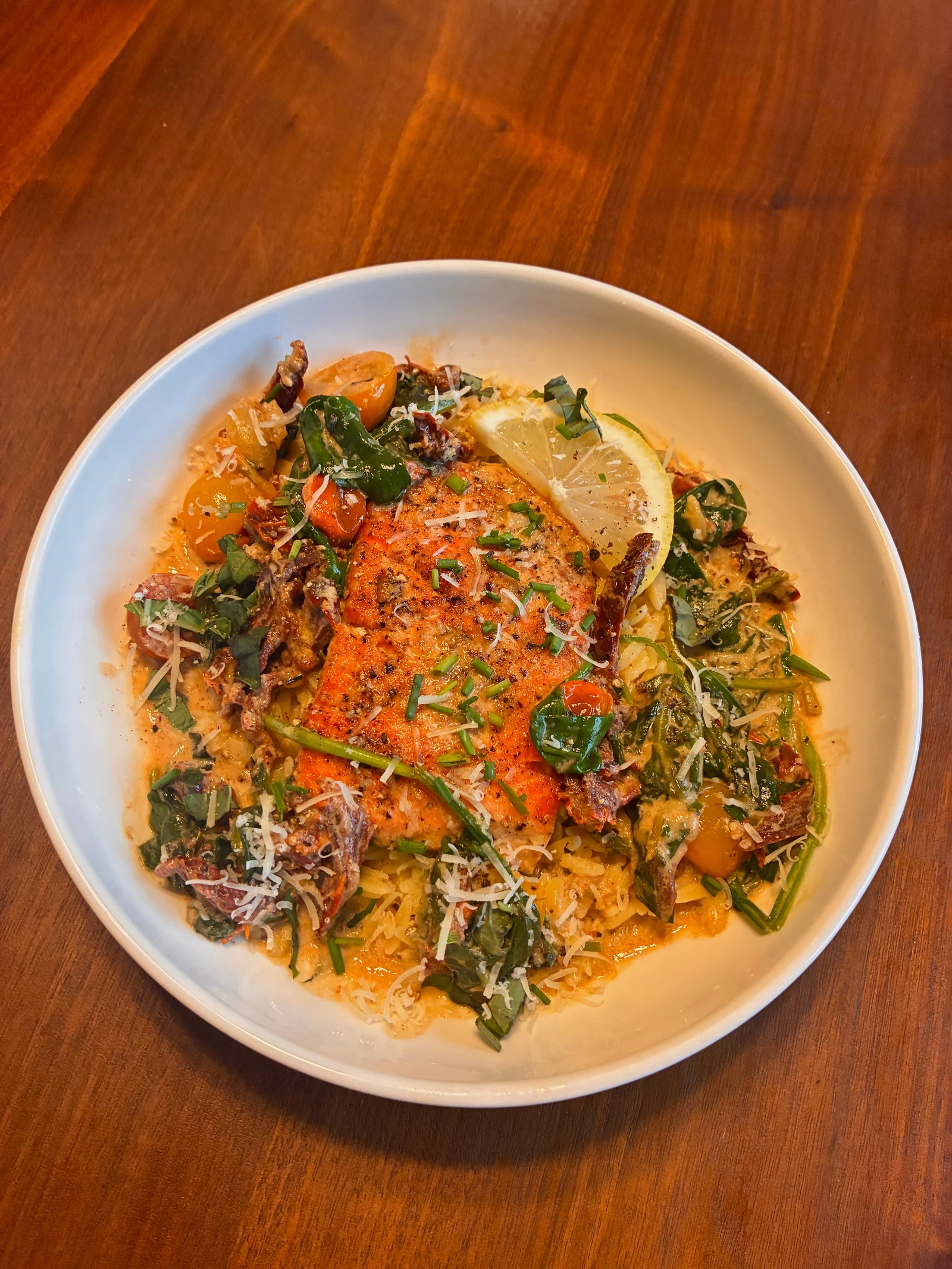 Tuscan Style Sun Dried Tomato Salmon With Orzo