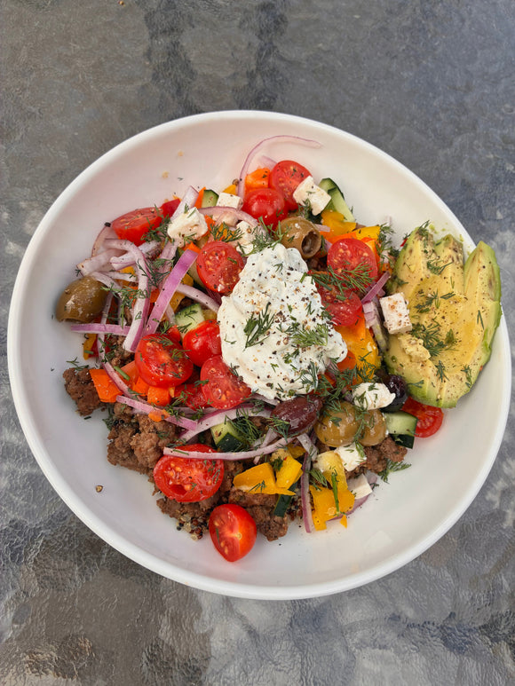 Greek Style Ground Beef & Veggie Bowls With Tzatziki Sauce