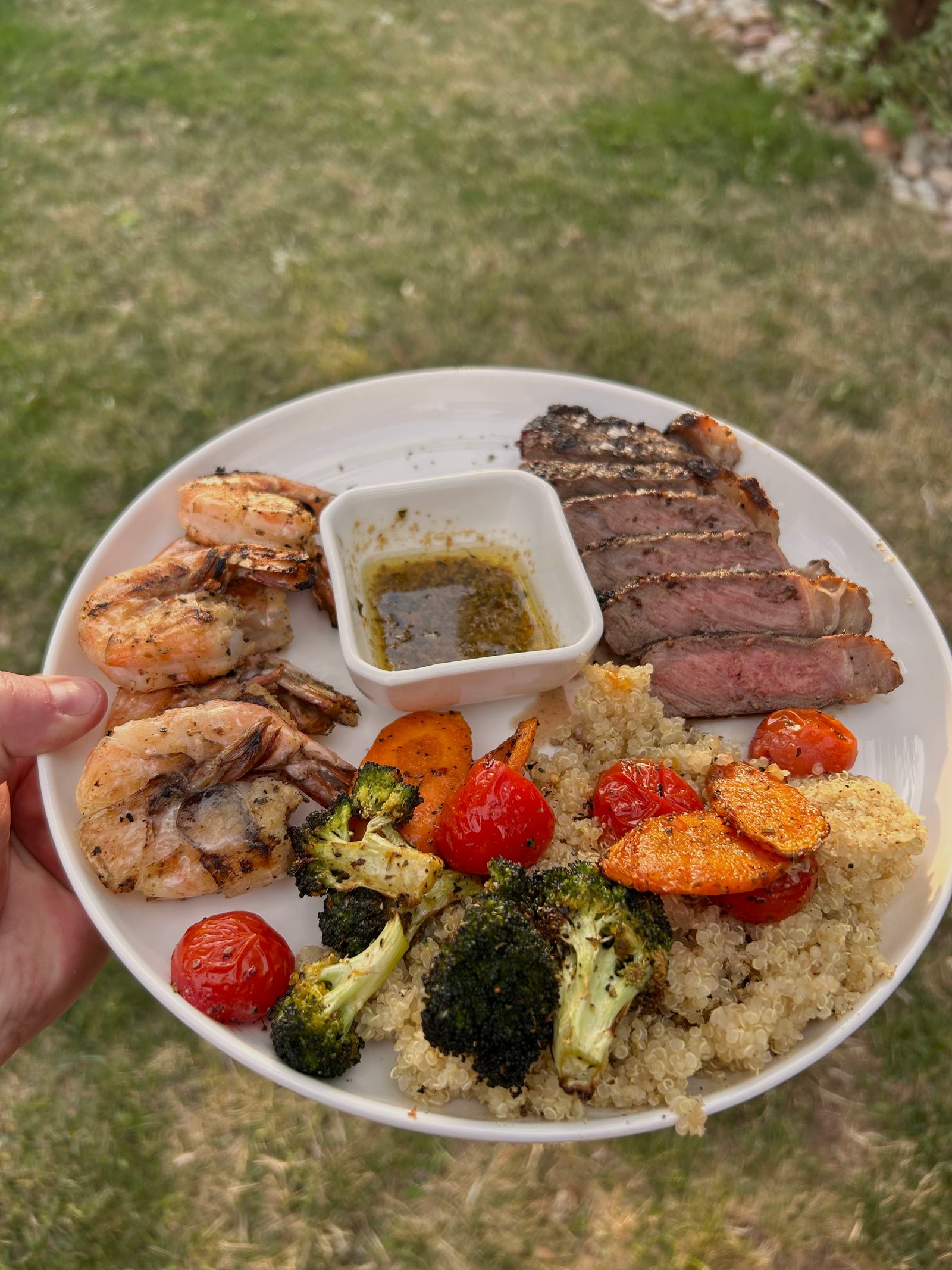 New York Strip Steak With Garlic Butter Shrimp & Mixed Veggie Quinoa
