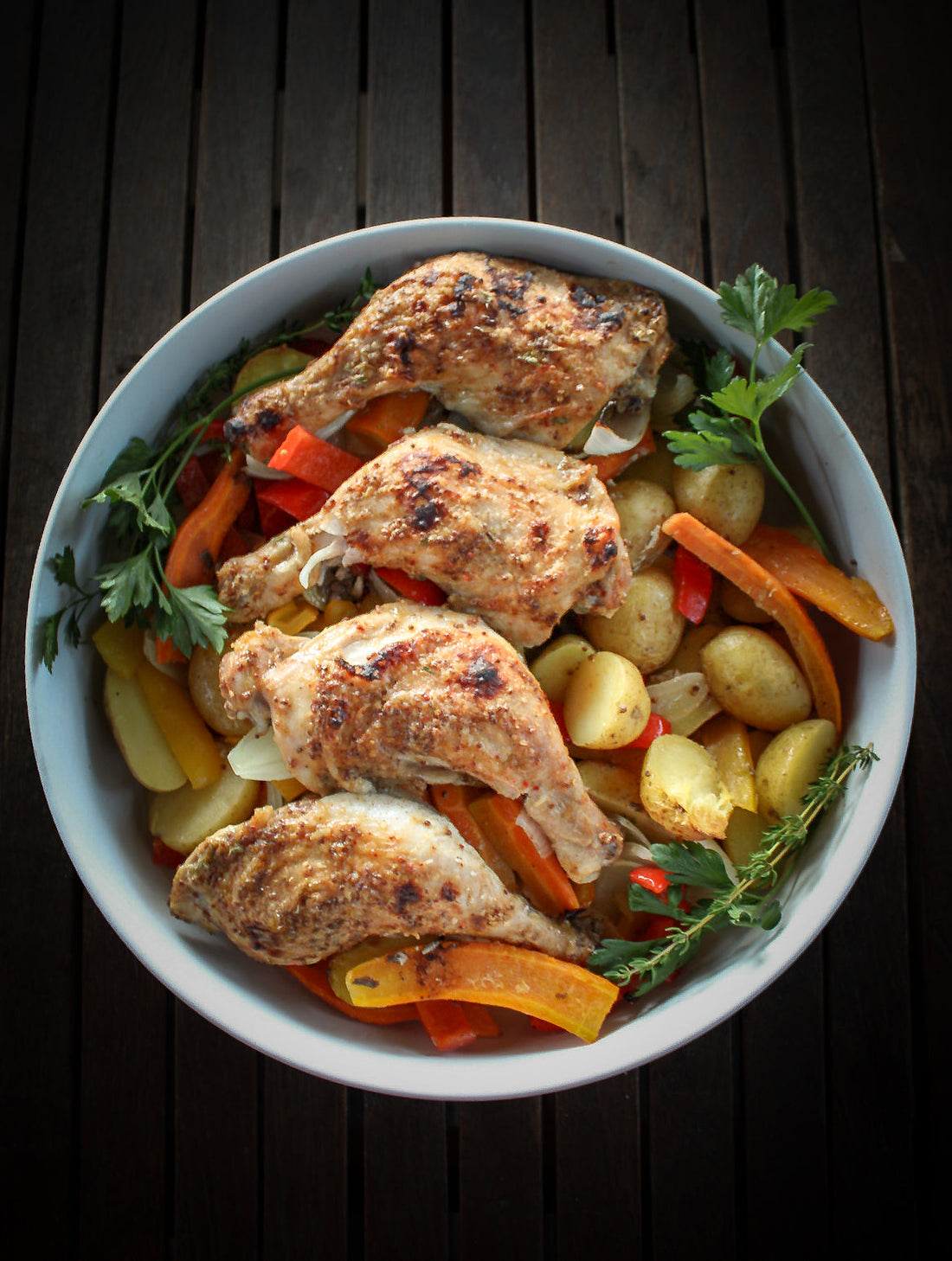 Maple Mustard Glazed Chicken Leg Quarters with Roasted Vegetables