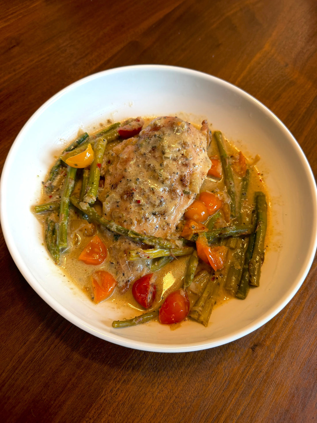 Creamy Baked Chicken with Asparagus & Cherry Tomatoes