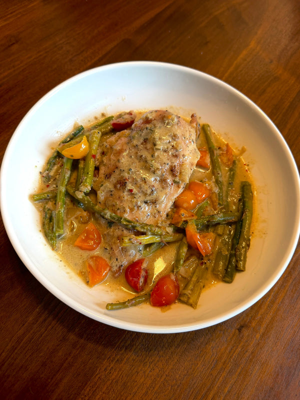 Creamy Baked Chicken with Asparagus & Cherry Tomatoes