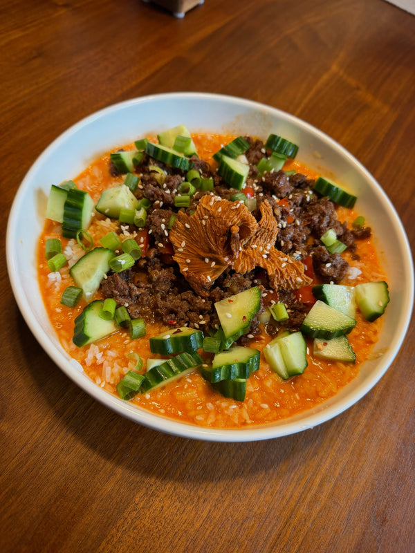Creamy Gochujang Beef & Rice Bowls with Chanterelle Mushrooms