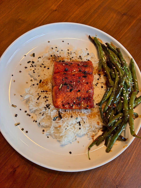 Spicy Honey Glazed Salmon With Garlic Rice & Chinese Green Beans