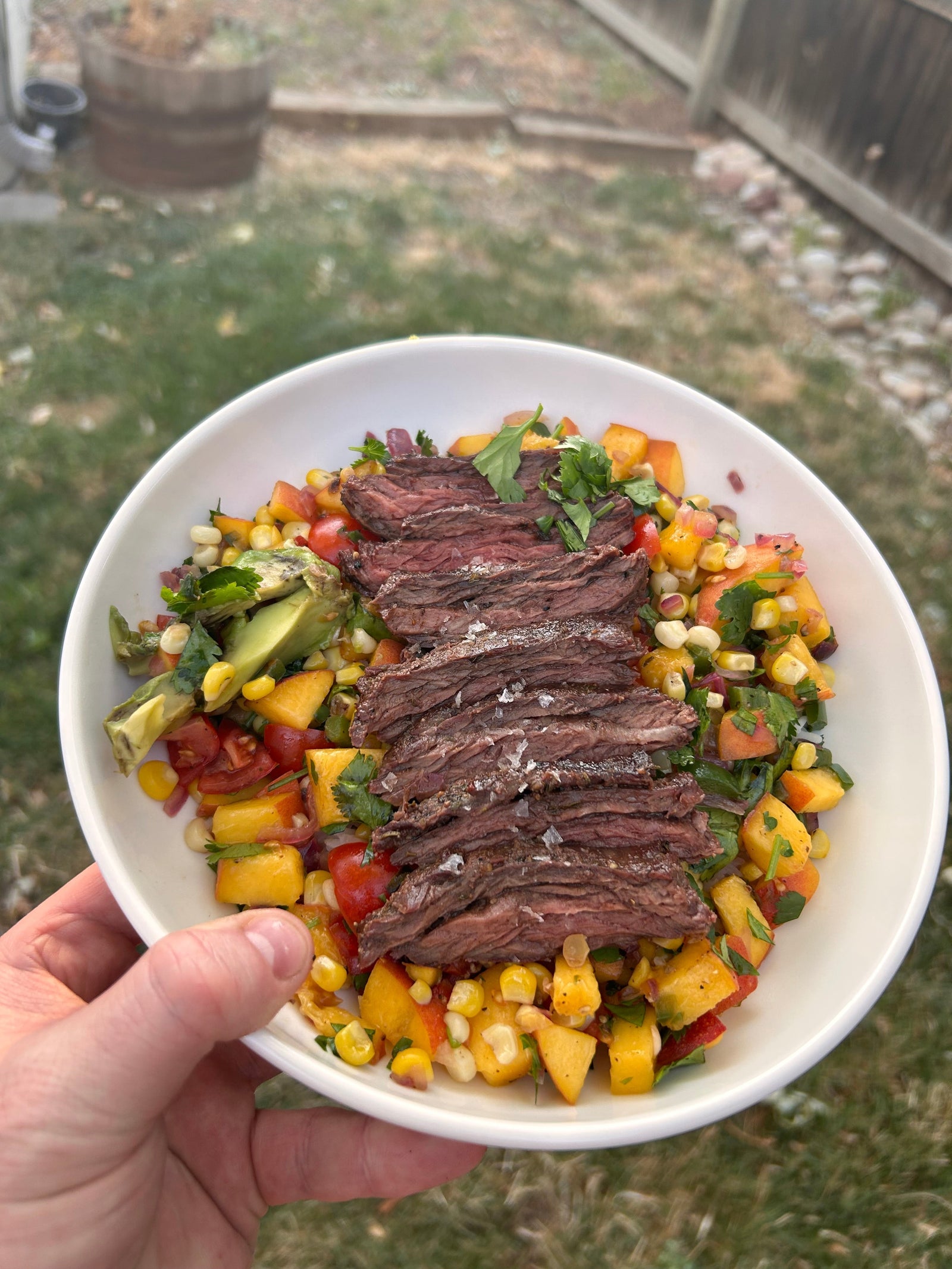 Grilled Skirt Steak With Charred Corn & Spicy Peach Salsa