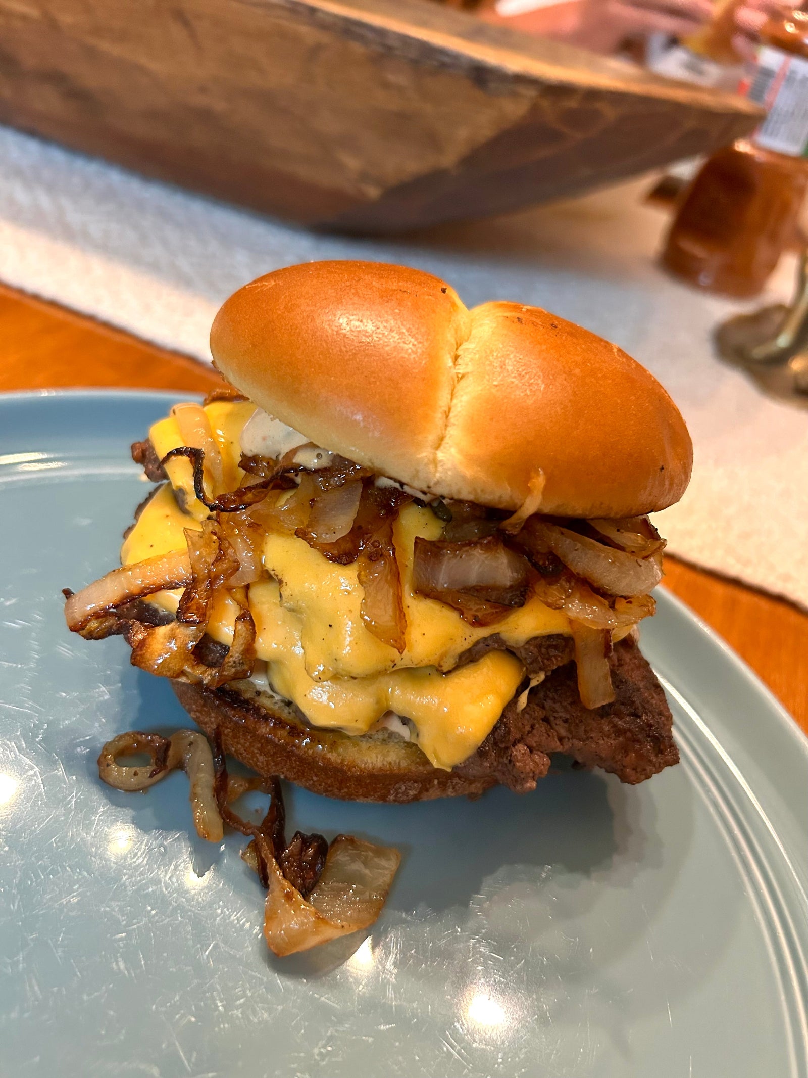 Smashed Burger With Spicy Pickle Sauce & Caramelized Onions