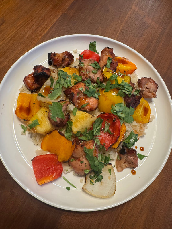 Sweet & Spicy Pineapple Chicken Thigh Skewers With Cauliflower Rice