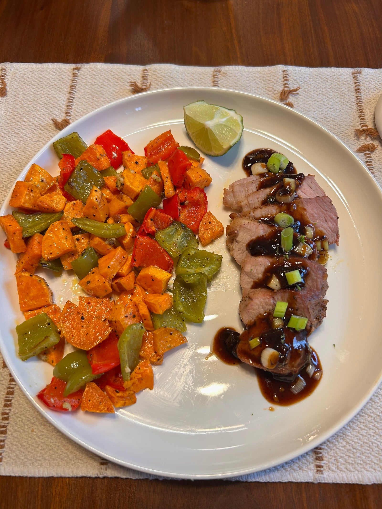 Bulgogi Sauce Pork Tenderloin With Buttery Lime Sweet Potatos & Bell Peppers