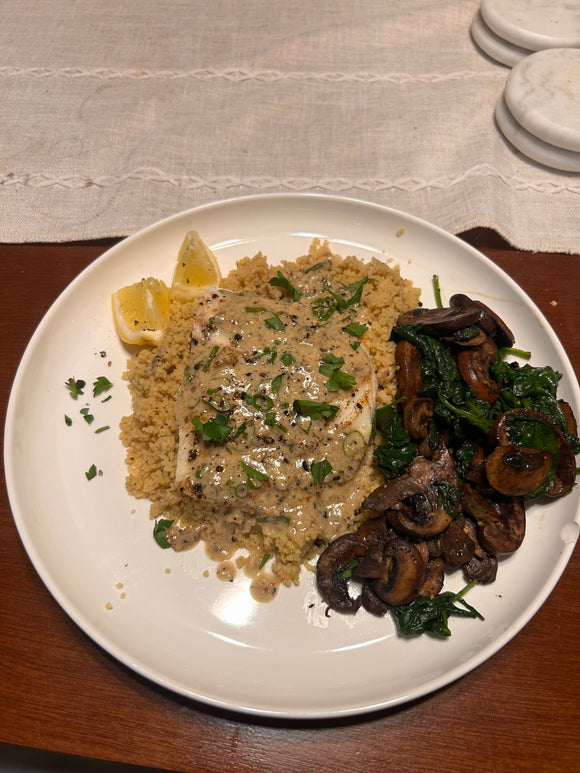 Halibut With Lemon Garlic Herb Sauce & Sautéed Mushrooms & Spinach