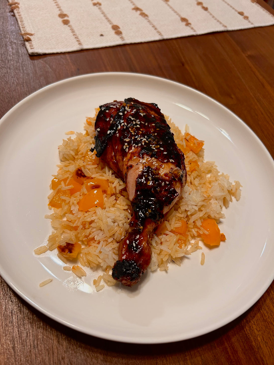 Spicy Japanese BBQ Chicken Leg Quarters With Rice & Orange Bell Peppers