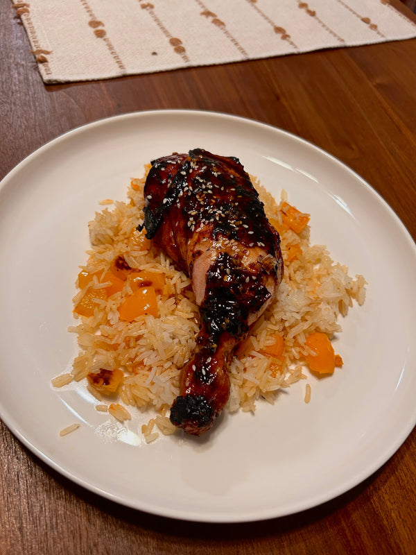 Spicy Japanese BBQ Chicken Leg Quarters With Rice & Orange Bell Peppers