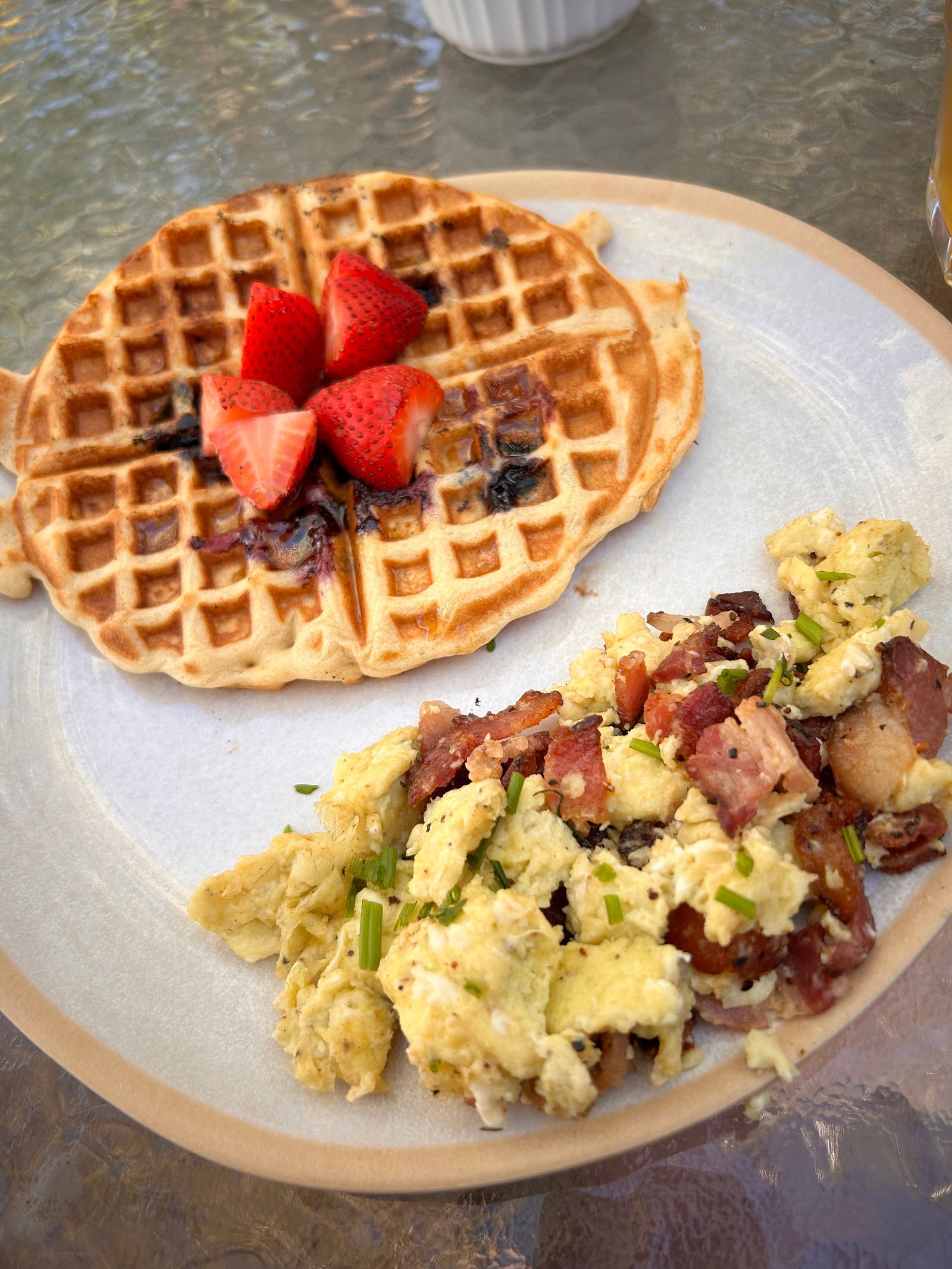Scrambled Eggs With Bacon & Chives With Side of Protein Waffles & Berries