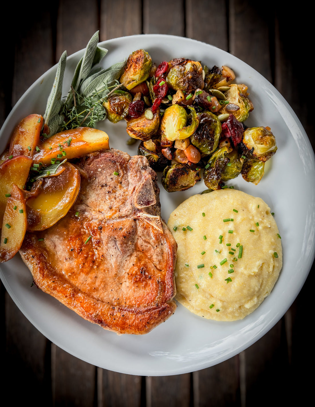 Apple & Sage Pork Chops with Polenta & Roasted Brussels Sprouts