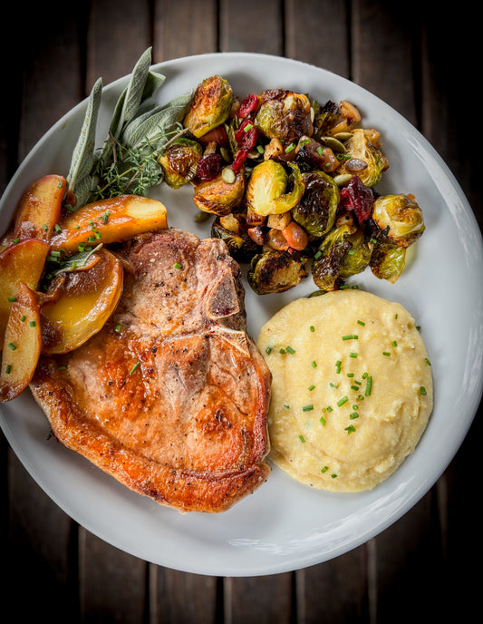 Apple & Sage Pork Chops with Polenta & Roasted Brussels Sprouts