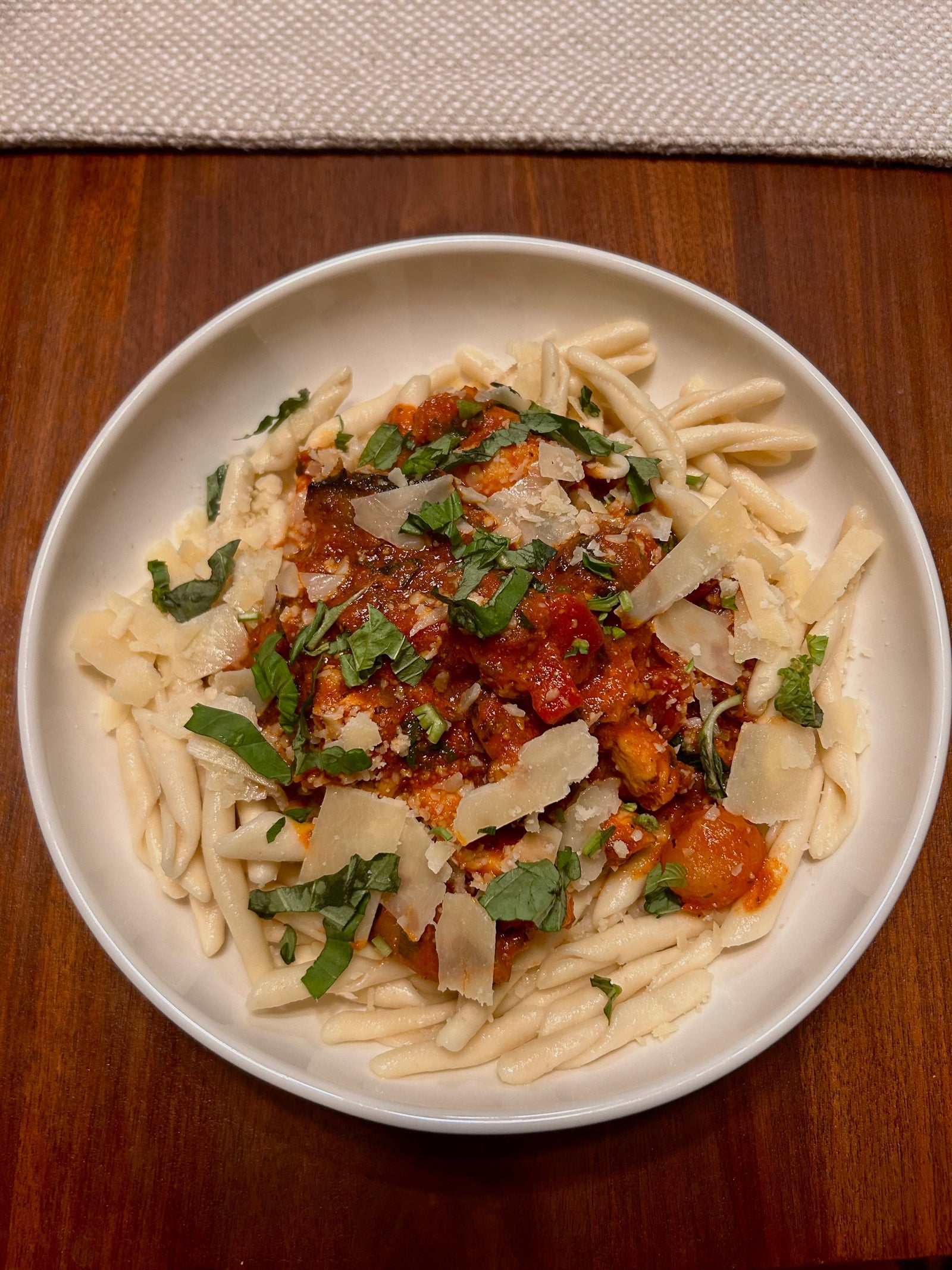Casarecci Pasta With Ground Beef, Shiitake Mushrooms, & Fresh Tomato Sauce