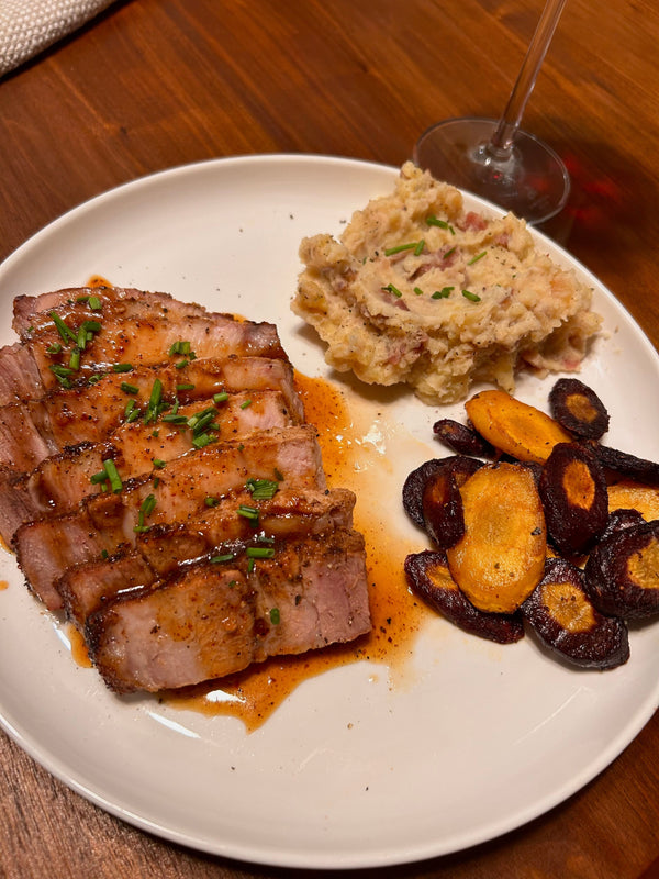 Maple Glazed Pork Chops With Rainbow Mashed Potatoes & Carrots