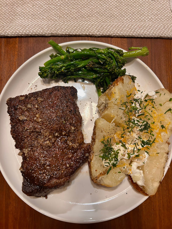Reverse Seared New York Strip With Garlic Lemon Broccolini & Baked Potato