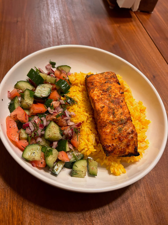 Air Fried Harissa Seasoned Salmon With Cilantro Lime Rice & Shirazi Salad