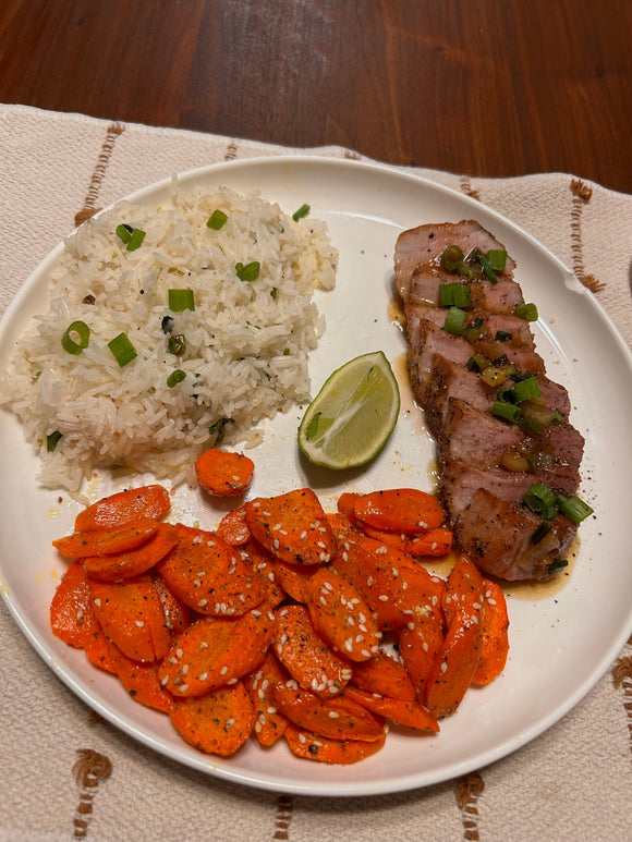Hot Honey Pork Tenderloin With Carrots & Cilantro Lime Rice