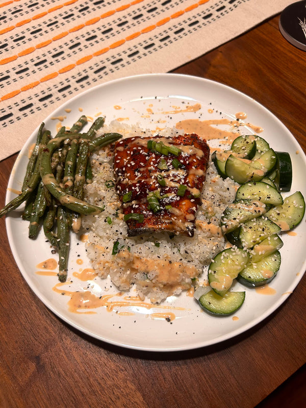 Sweet & Savory Glazed Salmon With Garlic Rice & Veggies