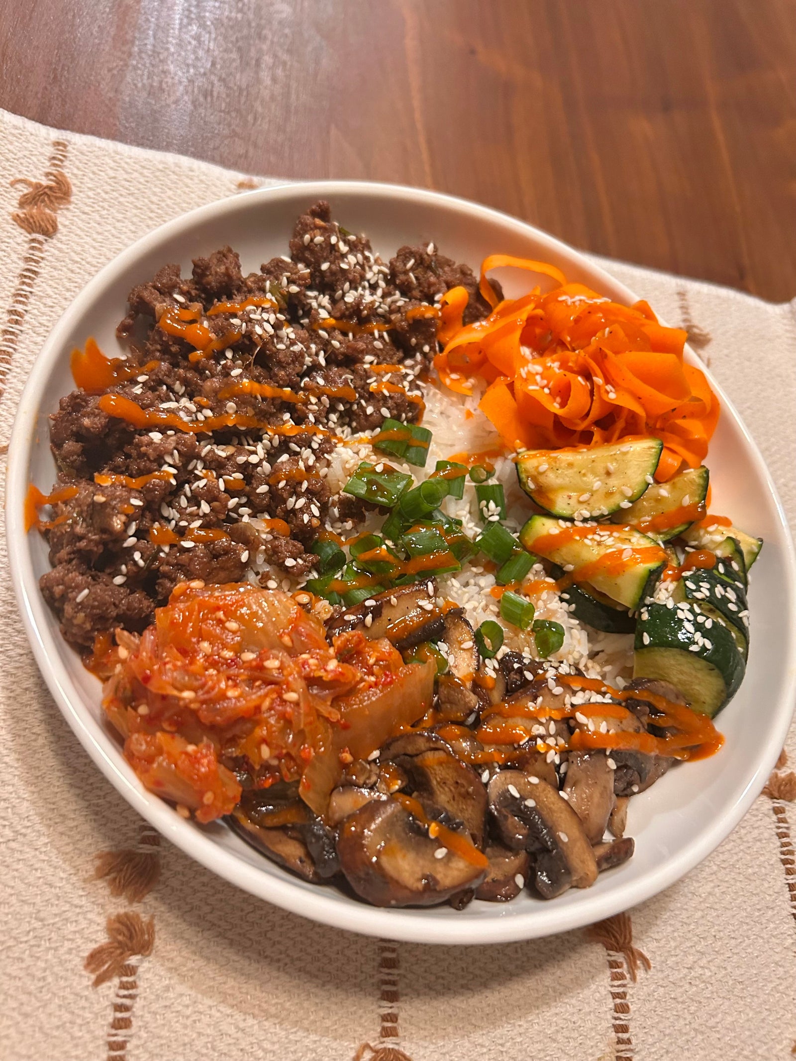 Ground Beef & Rice Bowl With Kimchi & Sesame Veggies