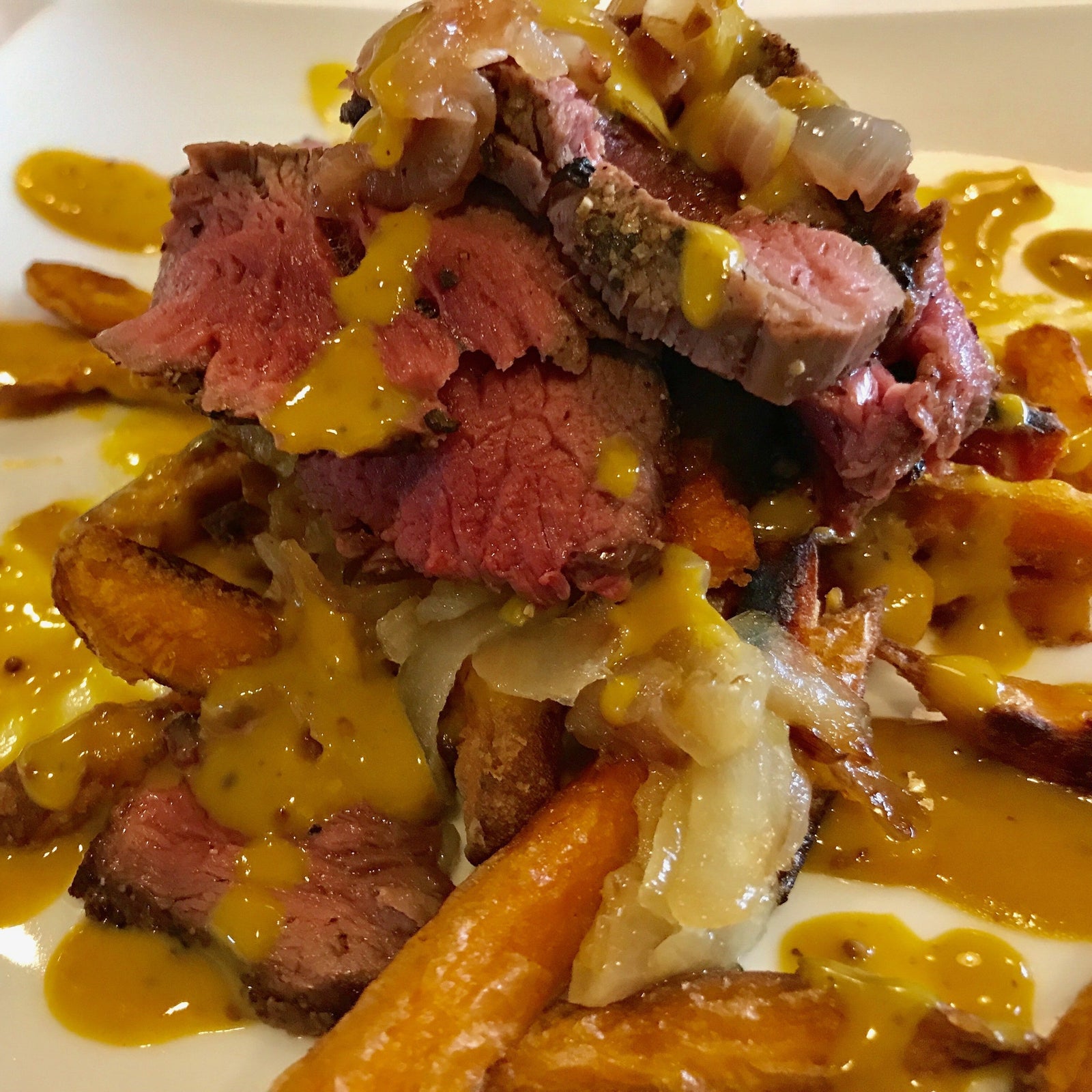 Sirloin Steak & Sweet Potato Fries With Mustard Sauce