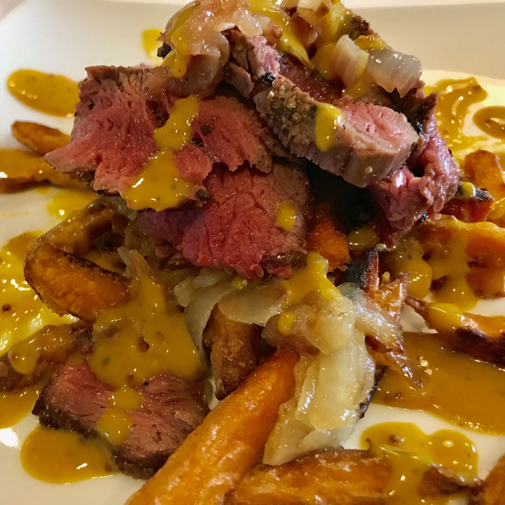 Steak and Sweet Potato Fries with Mustard Sauce